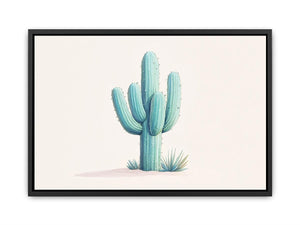 Minimal aqua cactus canvas print with soft desert plants for calm bedroom decor.