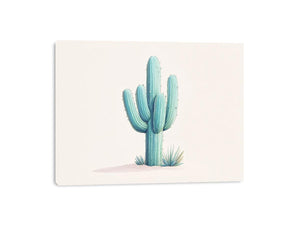 Minimal aqua cactus canvas print with soft desert plants for calm bedroom decor.