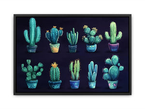 Moody potted cactus canvas art collection for eclectic living room decor.