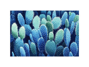 Blue prickly pear cactus canvas art with cool botanical texture for living room decor.