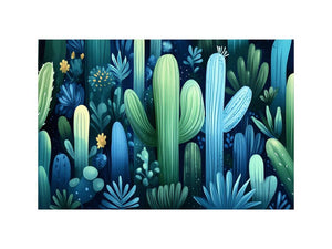 Moody blue green cactus garden canvas art for modern luxury bedroom decor.