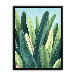 Sage green cactus leaves canvas print for calm modern bedroom wall decor.