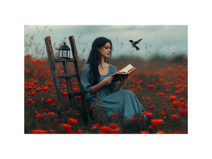 Woman reading in red poppy field canvas art with bird for romantic bedroom decor.