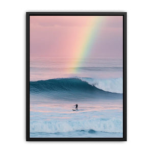 Rainbow ocean wave canvas art with surfer for dreamy coastal bedroom decor.
