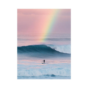 Rainbow ocean wave canvas art with surfer for dreamy coastal bedroom decor.