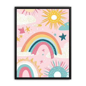 Pastel rainbow sun and stars canvas print for cute nursery wall decor.