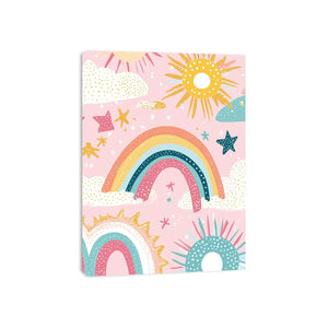 Pastel rainbow sun and stars canvas print for cute nursery wall decor.