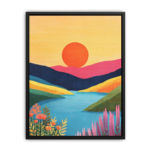 Colourful sunset lake landscape canvas art for bright modern living room decor.