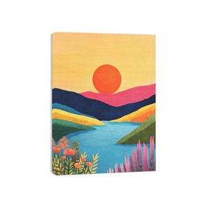 Colourful sunset lake landscape canvas art for bright modern living room decor.