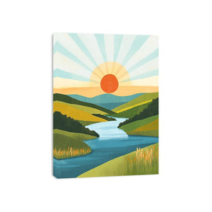 Modern sunrise river landscape canvas art for serene living room wall decor.