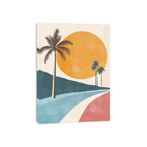 Minimal tropical palm sunset canvas art for warm coastal bedroom decor.