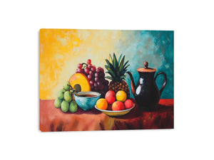 Colourful fruit and teapot still life canvas art for kitchen or dining room decor.