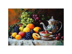 Classic fruit and teapot still life canvas art for elegant dining room decor.
