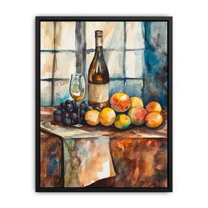 Watercolor wine and fruit still life canvas art for rustic kitchen decor.
