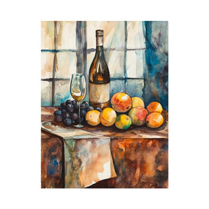 Watercolor wine and fruit still life canvas art for rustic kitchen decor.