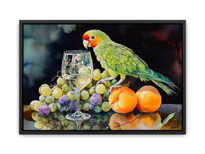 Parrot with grapes and wine glass canvas art for colourful dining room decor.
