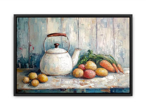 Rustic kettle and vegetable still life canvas art for farmhouse kitchen decor.
