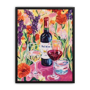 Colourful wine bottle and floral still life canvas art for dining room decor.