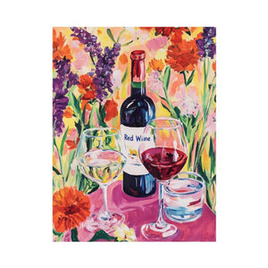 Colourful wine bottle and floral still life canvas art for dining room decor.