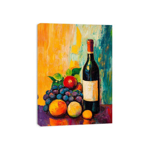 Bold wine bottle and fruit still life canvas art for modern dining room decor.