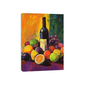 Colorful fruit and wine bottle still life canvas art for kitchen decor.