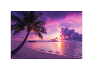 Purple tropical beach sunset canvas art with palm tree for bedroom decor.