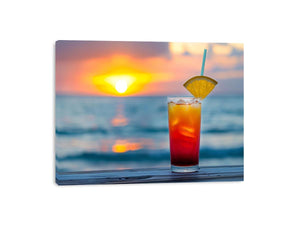 Tropical cocktail sunset canvas art for coastal kitchen and home bar decor.