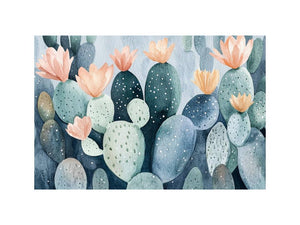 Soft watercolor cactus flower canvas art for calm bedroom wall decor.