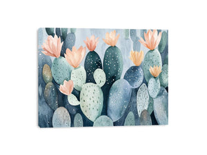 Soft watercolor cactus flower canvas art for calm bedroom wall decor.