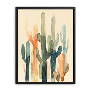 Minimal watercolor cactus canvas art in sage and peach for hallway decor.