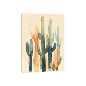 Minimal watercolor cactus canvas art in sage and peach for hallway decor.