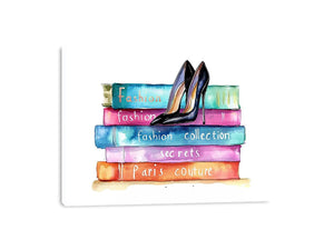 Fashion books and high heels watercolor canvas art for chic bedroom decor.