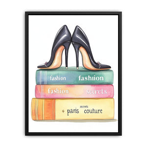 Black high heels and fashion books canvas art for chic bedroom decor.