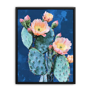 Blooming prickly pear cactus canvas art for modern bedroom wall decor.
