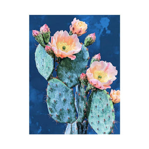 Blooming prickly pear cactus canvas art for modern bedroom wall decor.