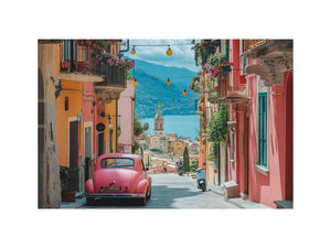 Pink vintage car on Mediterranean street with lake view for travel wall art.