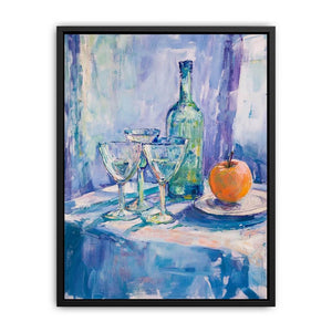 Blue painterly still life with glasses, bottle and orange for kitchen wall art.