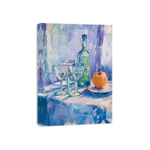 Blue painterly still life with glasses, bottle and orange for kitchen wall art.