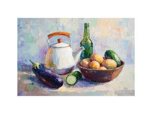 Painterly kitchen still life with kettle, bottle, fruit and vegetables.