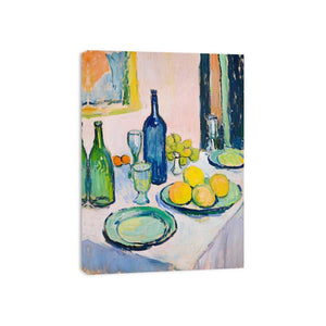 Blue bottle still life with fruit and tableware for dining room wall art.