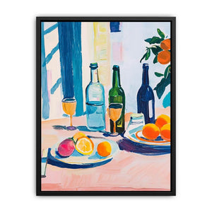 Modern citrus still life with bottles and orange fruit for kitchen decor.