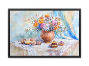 Floral watercolor still life canvas art with bouquet and pastries for elegant dining room decor.