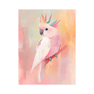 Pink cockatoo canvas art with pastel colors for modern bedroom decor.