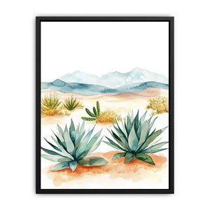 Watercolor desert landscape canvas art with agave plants and mountains.