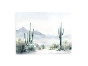 Minimal watercolor cactus landscape with mountains for neutral modern home decor.