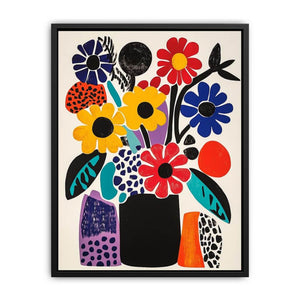 Colorful abstract floral vase artwork for modern living room and creative interiors.
