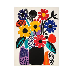 Colorful abstract floral vase artwork for modern living room and creative interiors.