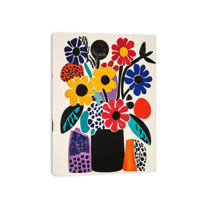 Colorful abstract floral vase artwork for modern living room and creative interiors.