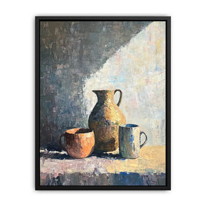 Neutral still life painting with pottery pitcher and mugs for modern minimalist decor.