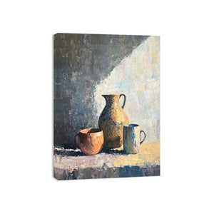 Neutral still life painting with pottery pitcher and mugs for modern minimalist decor.